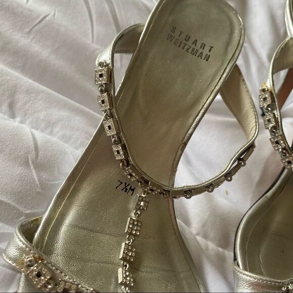 Stuart Weitzman Strappy Silver Chain Kitten Heels - Picture 2 of 6